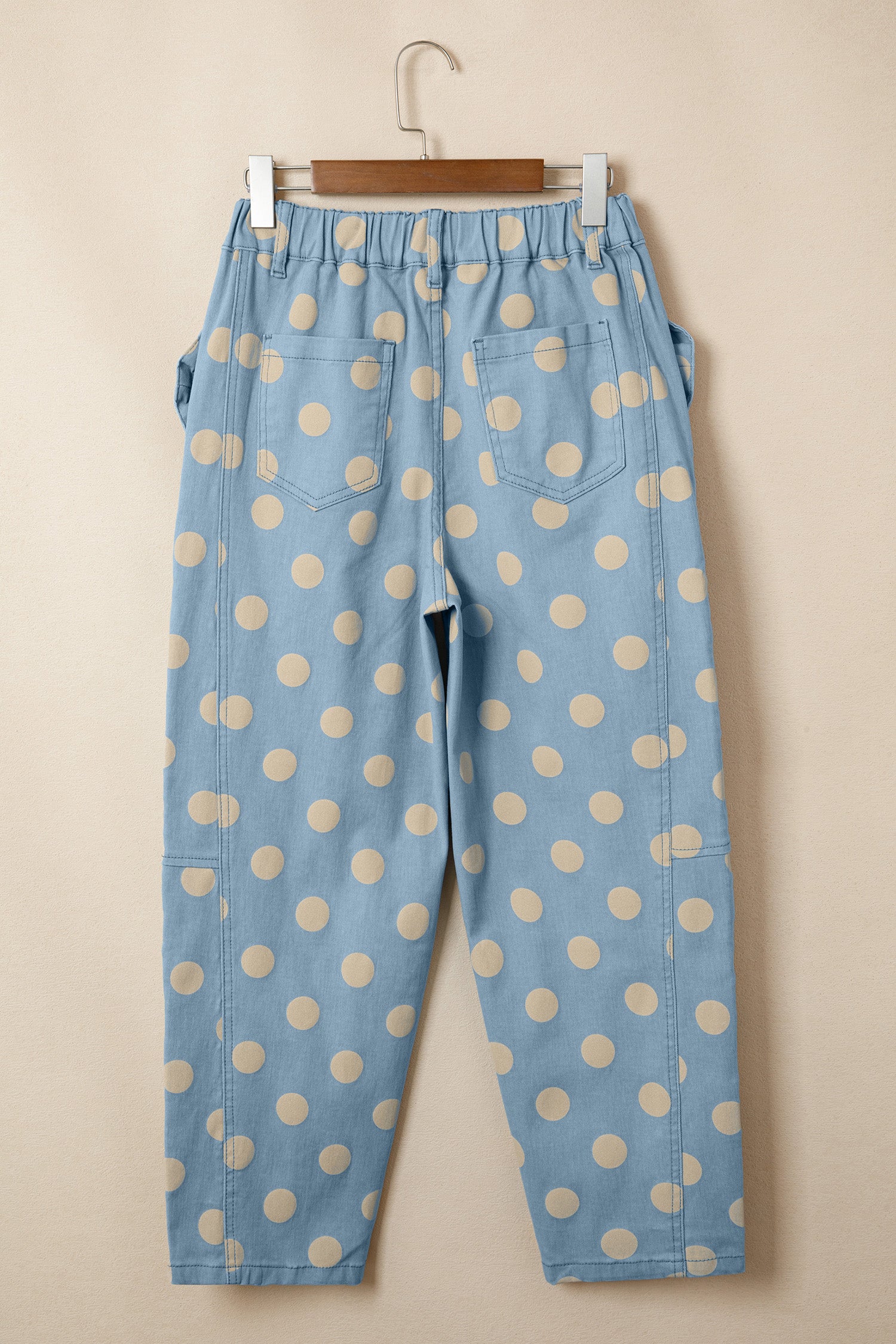 Sky Blue Polka Dot Print Bow Detail Pocketed Jeans