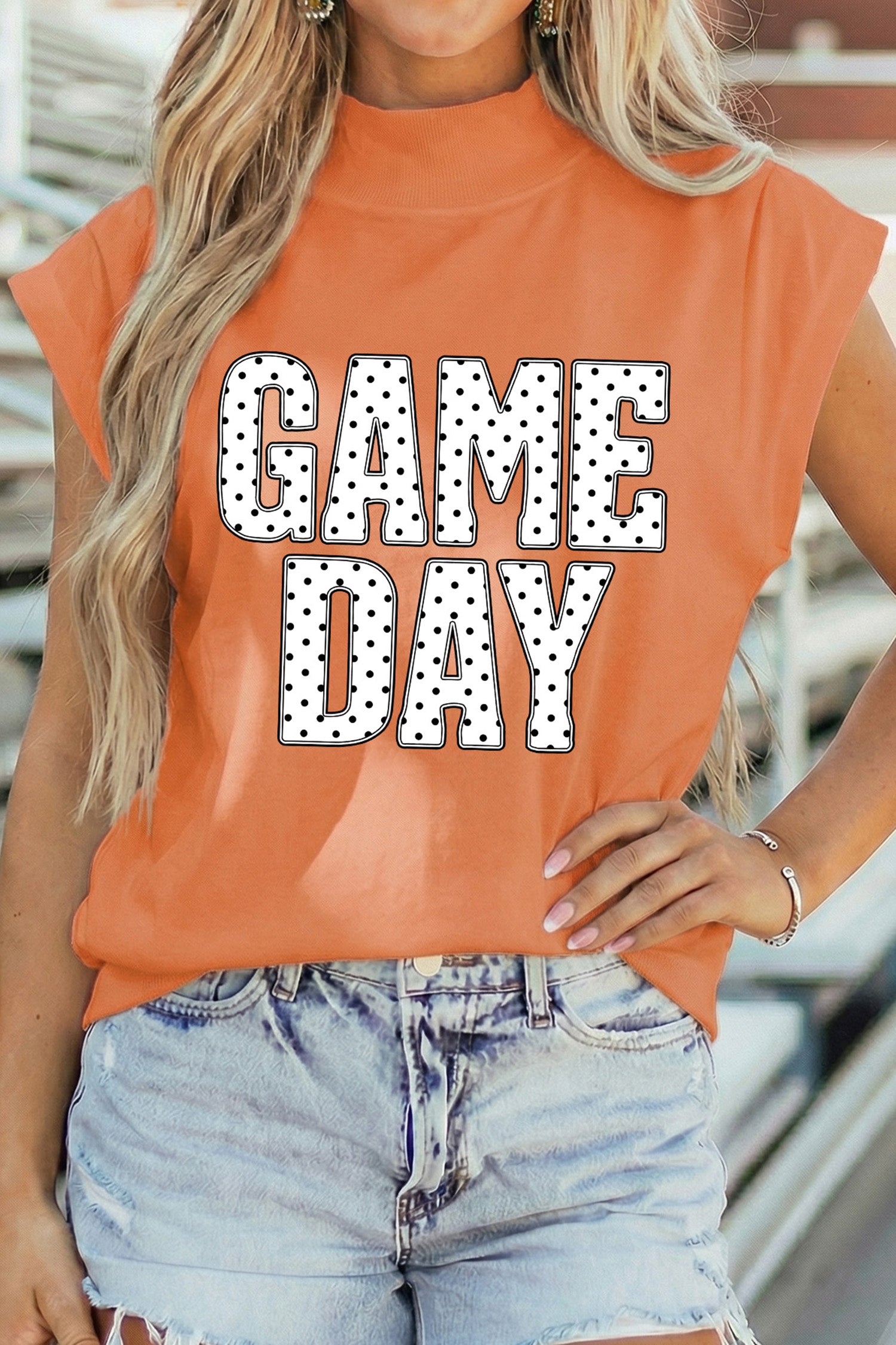 Orange Polka Dot Letter Print GAME Day High Neck Short Sleeve Top