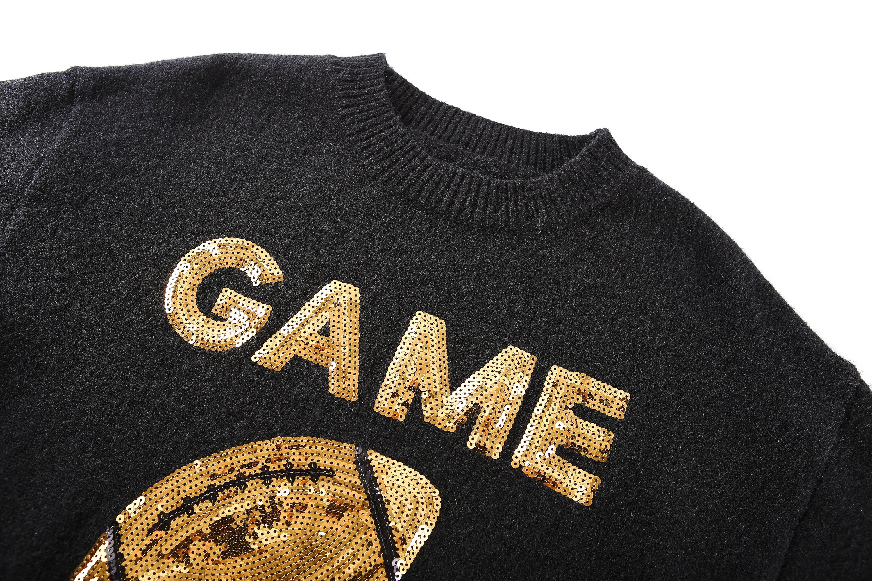 Woman Clothing Black and Gold Pullovers Game Day Sequins Sweater Women