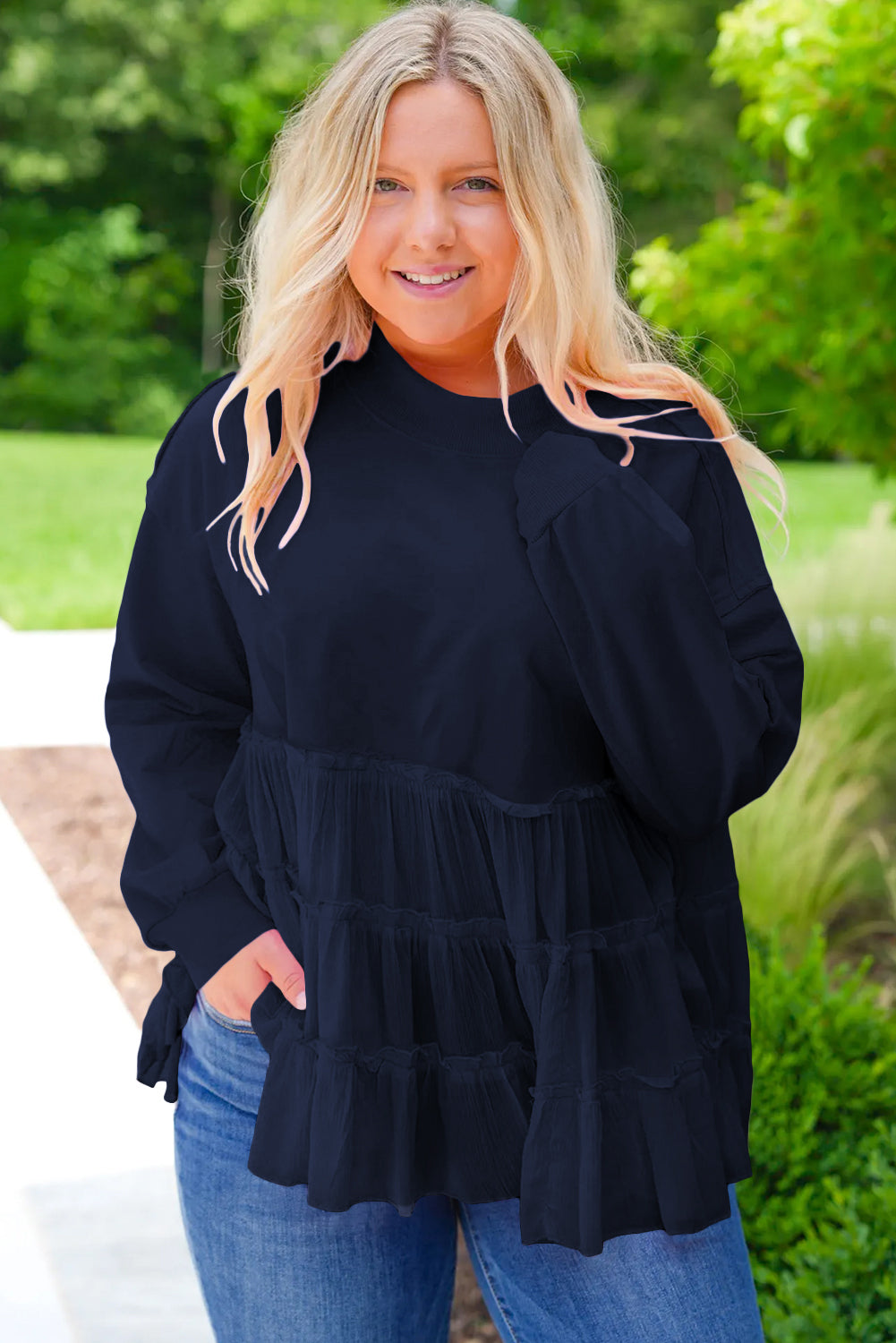 Pink Frill Tiered Patchwork Ribbed Trim Flowy Plus Size Top