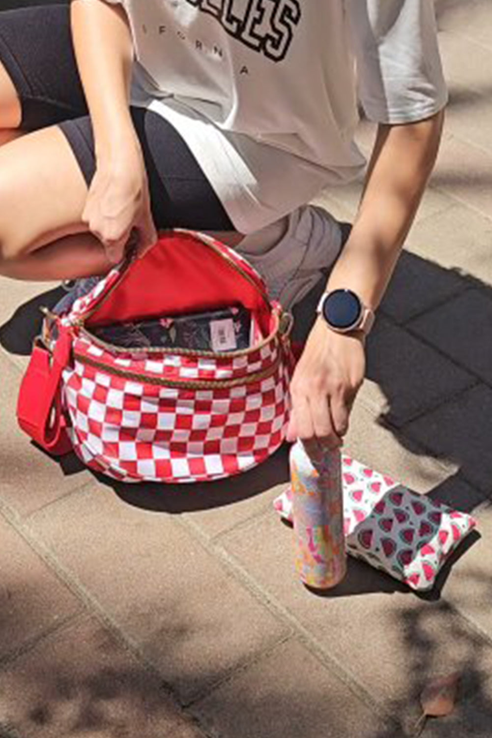 Chestnut Checkered Print Wide Strap Large Crossbody Bag