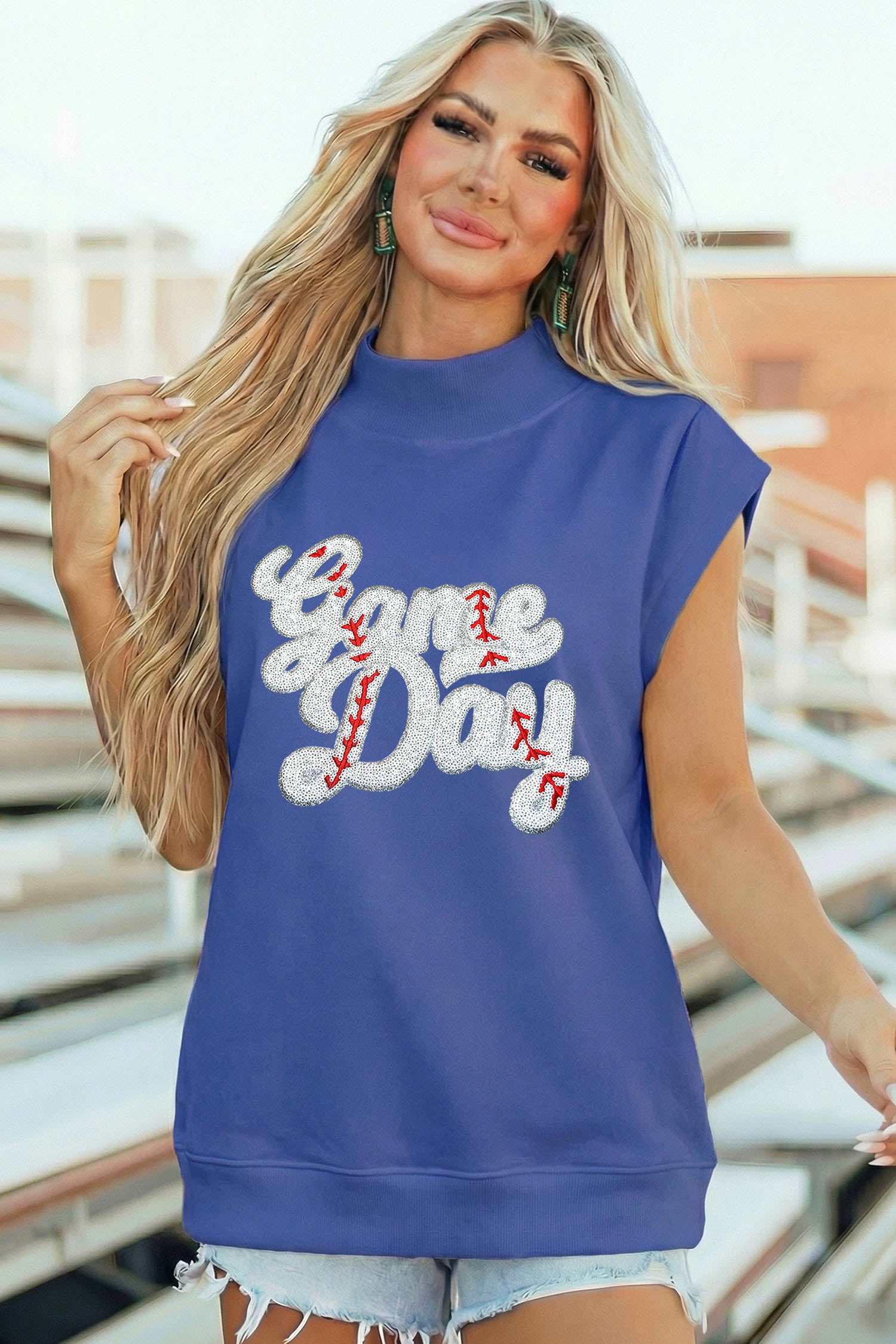 Sky Blue Sequin Game Day Slogan High Neck Short Sleeve Top