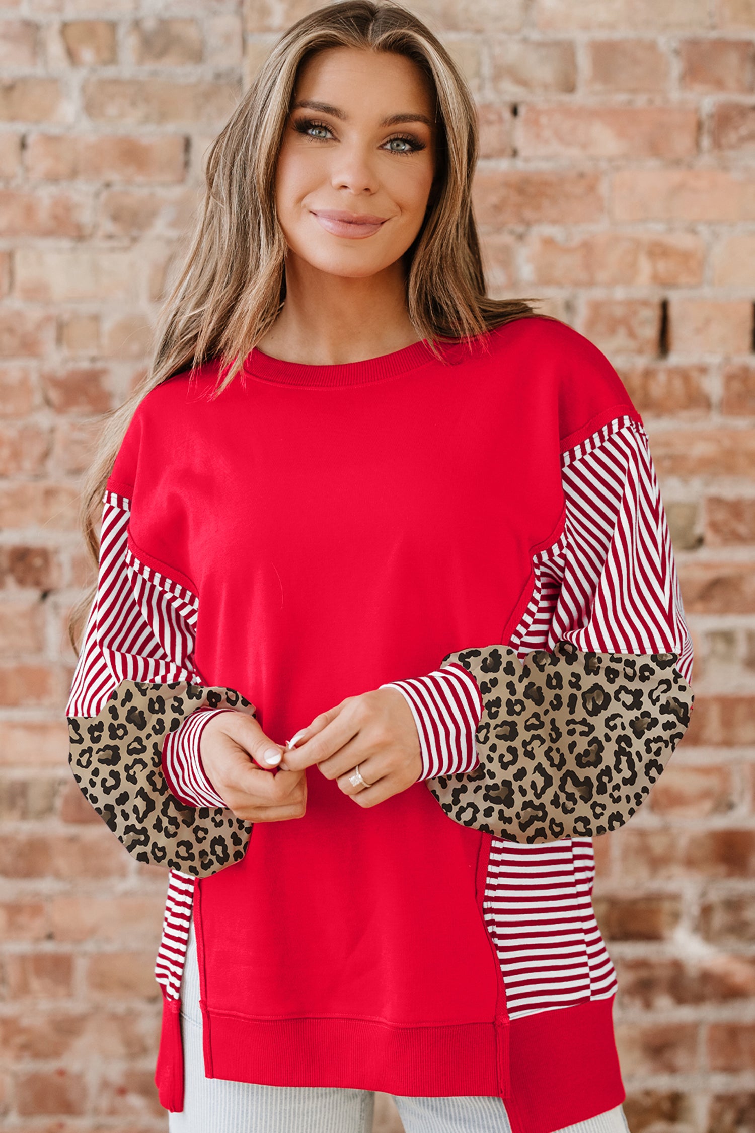 Fiery Red Striped Patchwork Sleeve Colorblock Sweatshirt