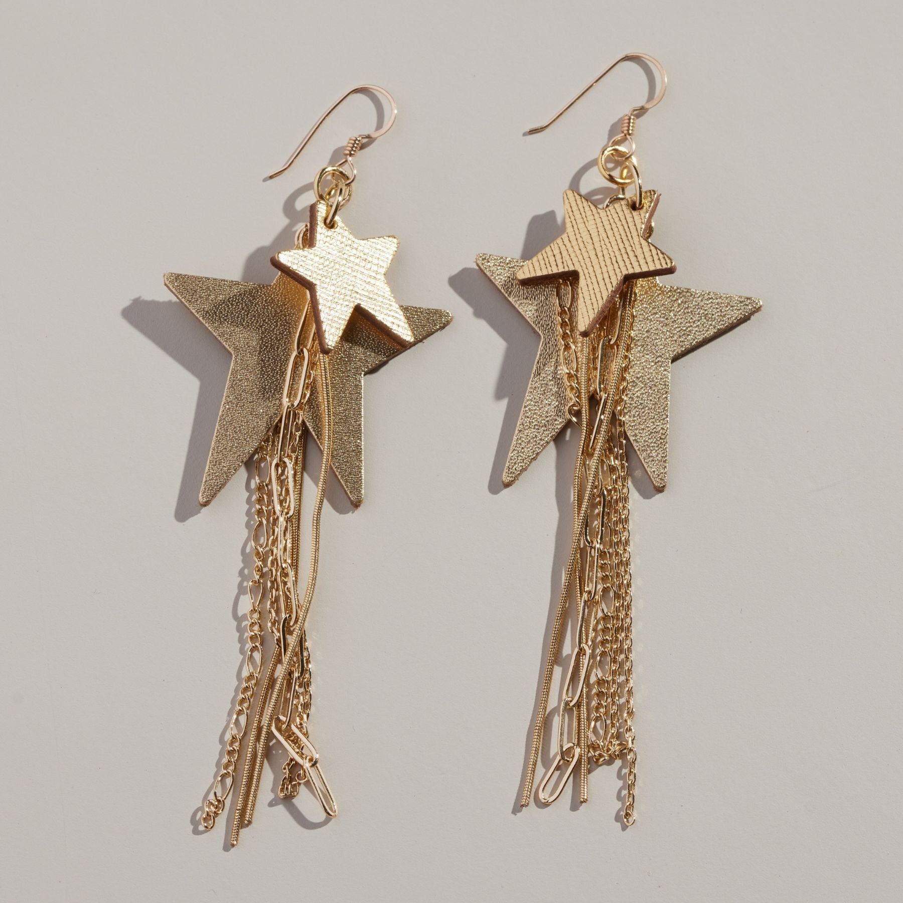 Gold Satin Zeppelin Star Fringe Earrings
